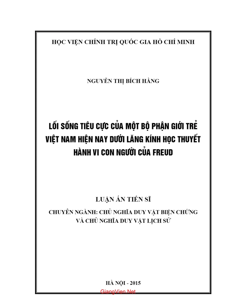 Ảnh bìa của Lối sống tiêu cực của một số bộ phận giới trẻ Việt Nam hiện nay dưới lăng kính học thuyết hành vi con người của Freud
