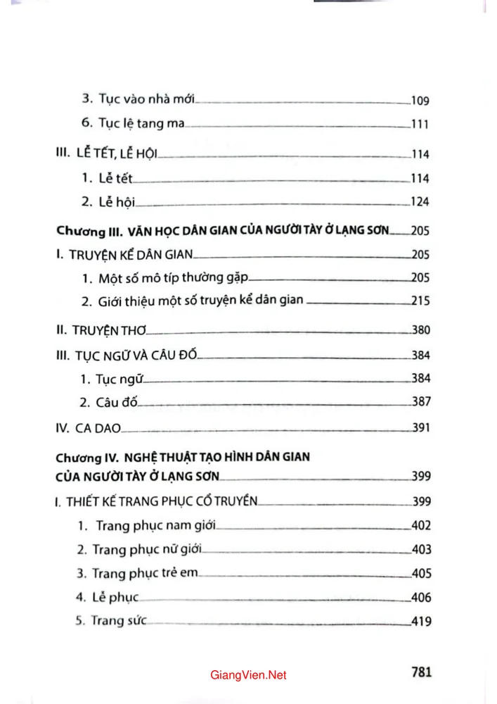 Mục lục chi tiết trang 1 sách Văn hóa dân gian của người Tày ở Lạng Sơn