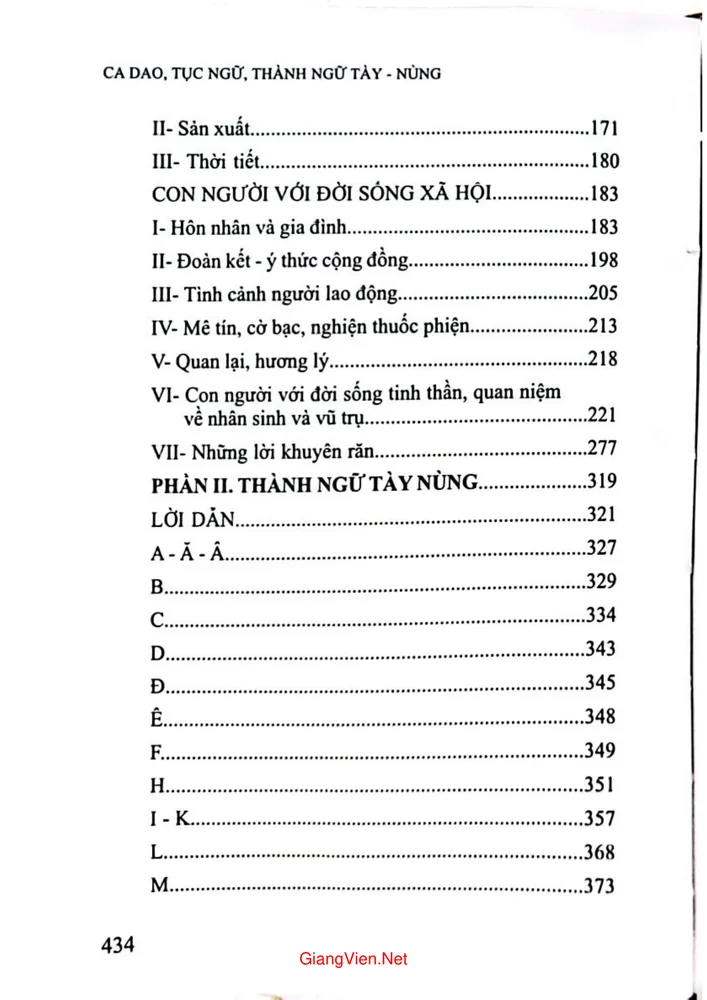 Mục lục chi tiết trang 1 sách Ca dao, tục ngữ, thành ngữ Tày Nùng