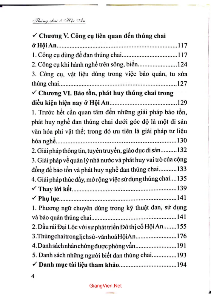 Mục lục chi tiết trang 1 sách Thúng Chai ở Hội An