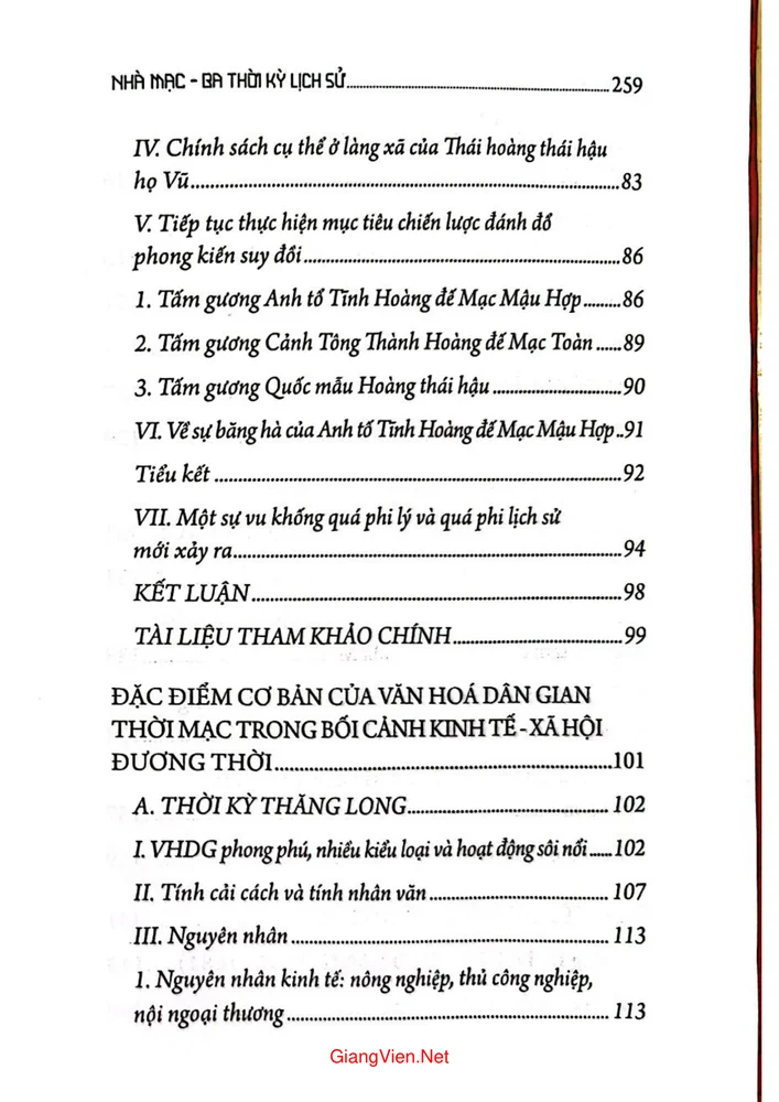 Mục lục chi tiết trang 2 sách Nhà Mạc 3 thời ký lịch sử