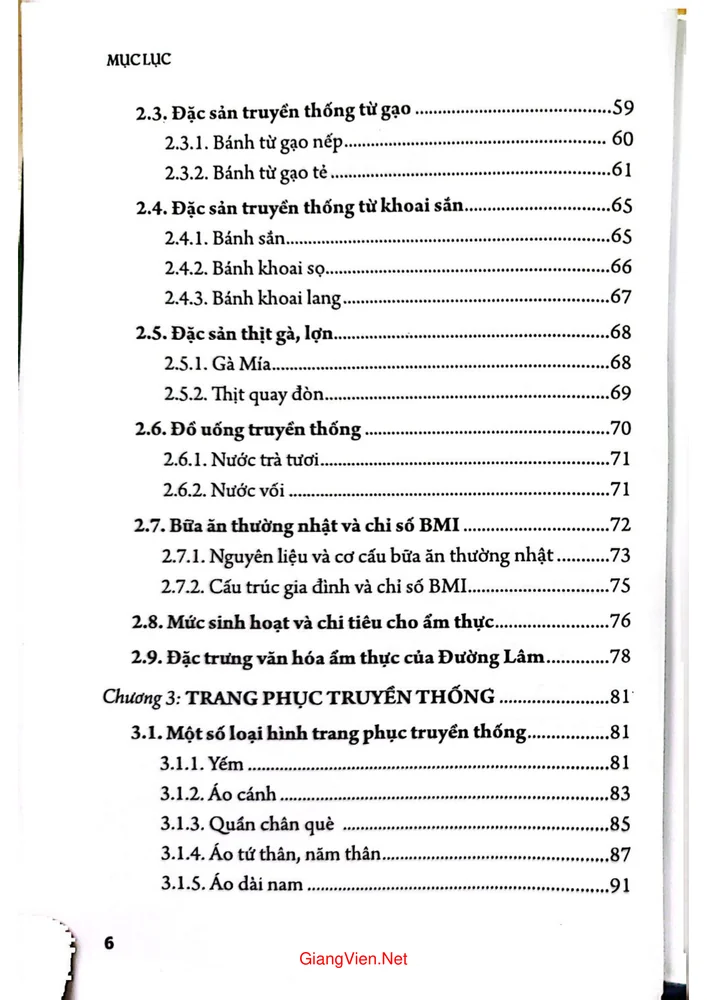 Mục lục chi tiết trang 1 sách Di sản Đường Lâm ẩm thực và trang phục truyền thống