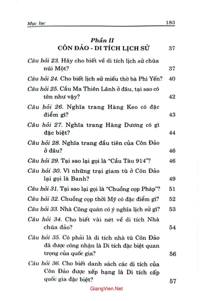 Mục lục chi tiết trang 2 sách 113 câu hỏi đáp về Côn Đảo