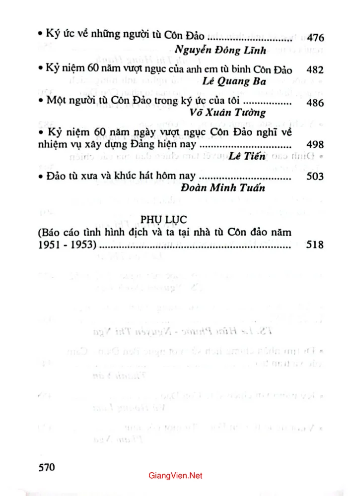 Mục lục chi tiết trang 5 sách Kỷ yếu Hội thảo 60 năm vượt Côn Đảo từ 1952 đến 2012
