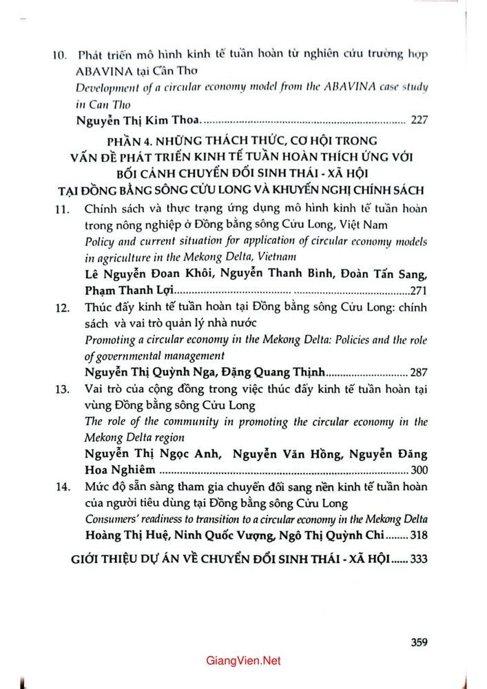 Mục lục chi tiết trang 2 sách Chuyển đổi sinh thái - xã hội và phát triển kinh tế tuần hoàn tại đồng bằng Sông Cửu Long