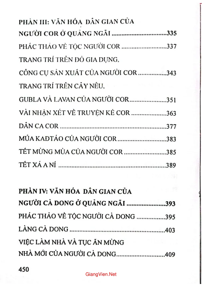Mục lục chi tiết trang 3 sách Văn hóa cư dân của cộng đồng cư dân Quảng Ngãi Việt, Hre, Cor, Cà Dong