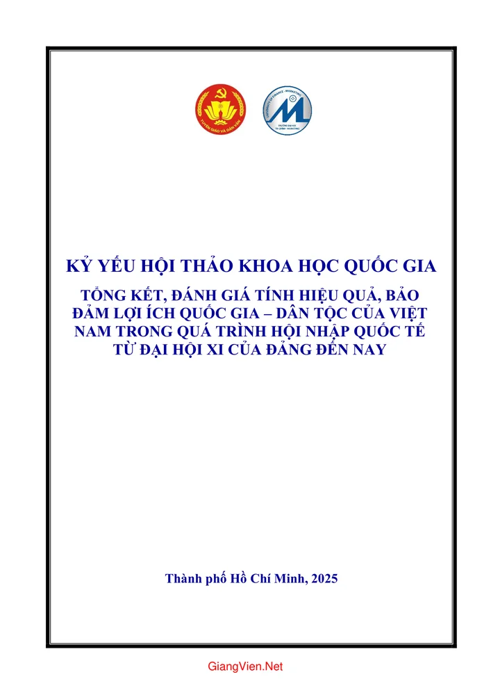 Ảnh bìa của Kỷ yếu hội thảo khoa học Quốc gia Tổng kết, đánh giá tính hiệu quả, bảo đảm lợi ích quốc gia, dân tộc của Việt Nam trong quá trình hội nhập quốc tế từ Đại hội 11 đến nay