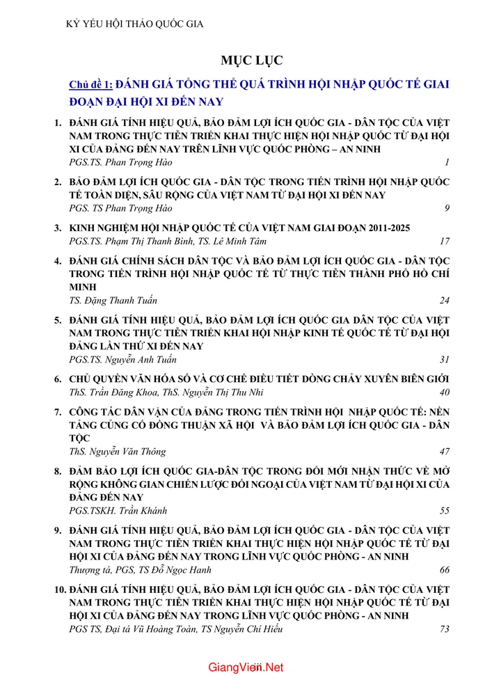 Trang bìa chính thức sách Kỷ yếu hội thảo khoa học Quốc gia Tổng kết, đánh giá tính hiệu quả, bảo đảm lợi ích quốc gia, dân tộc của Việt Nam trong quá trình hội nhập quốc tế từ Đại hội 11 đến nay