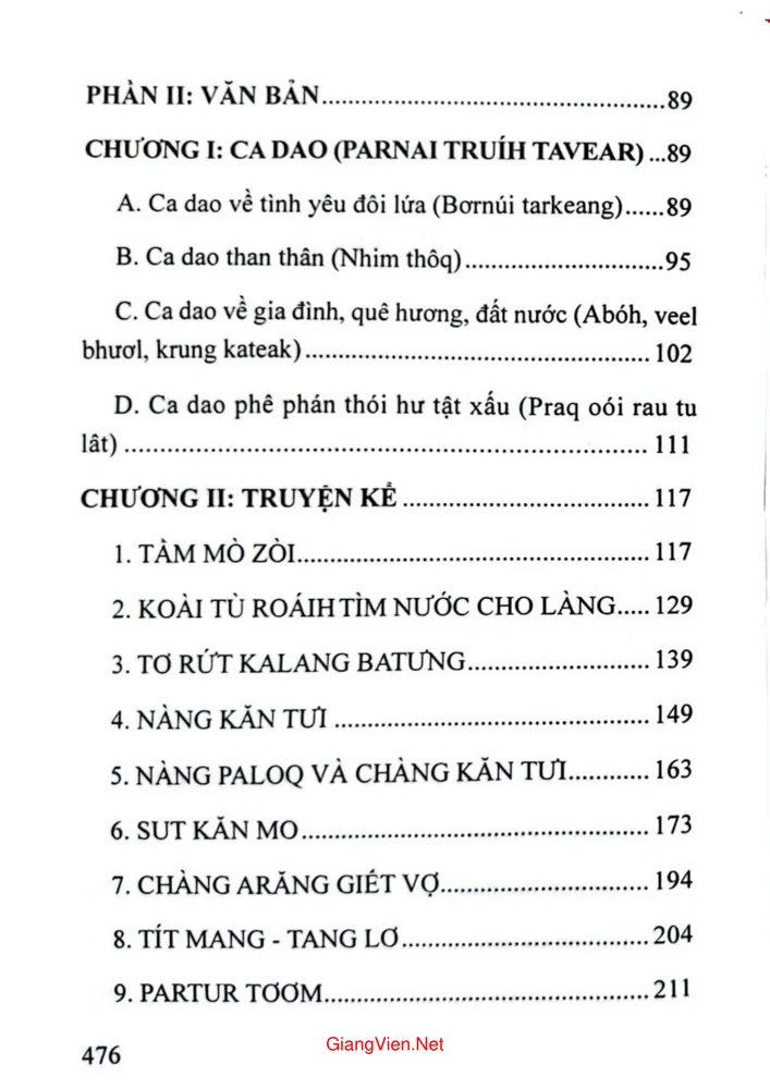 Mục lục chi tiết trang 1 sách Văn học dân gian Cơ tu