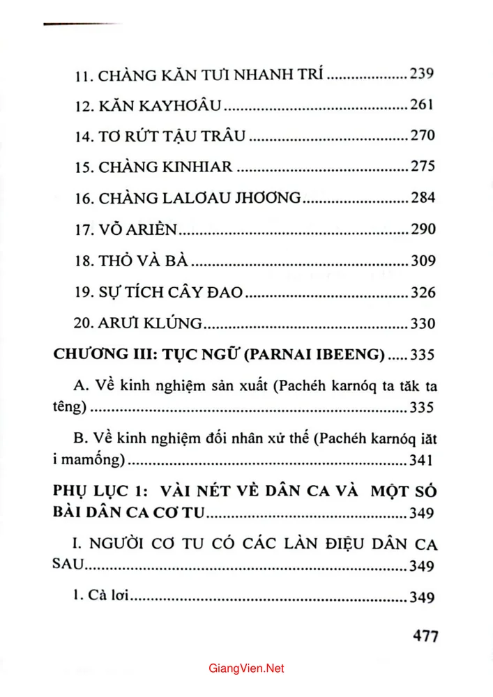 Mục lục chi tiết trang 2 sách Văn học dân gian Cơ tu