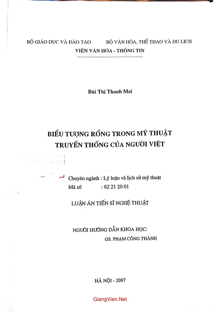 Ảnh bìa của Luận án Biểu tượng rồng trong mỹ thuật truyền thống của người Việt