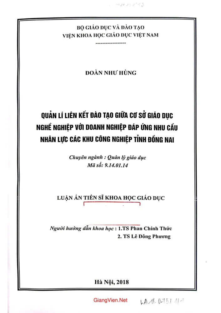 Ảnh bìa của Luận án Quản lý liên kết đào tạo giữa cơ sở giáo dục nghề nghiệp với doanh nghiệp đáp ứng nhu cầu nhân lực các khu công nhiệp tỉnh Đồ