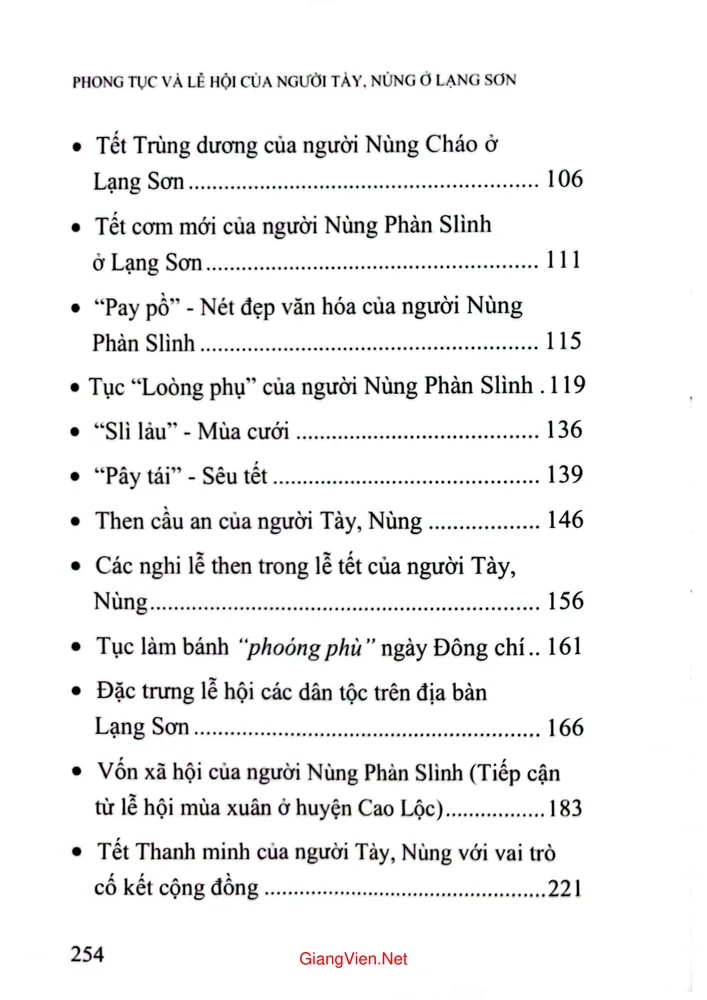 Mục lục chi tiết trang 1 sách Phong tục và lễ hội của người Tày, Nùng ở Lạng Sơn