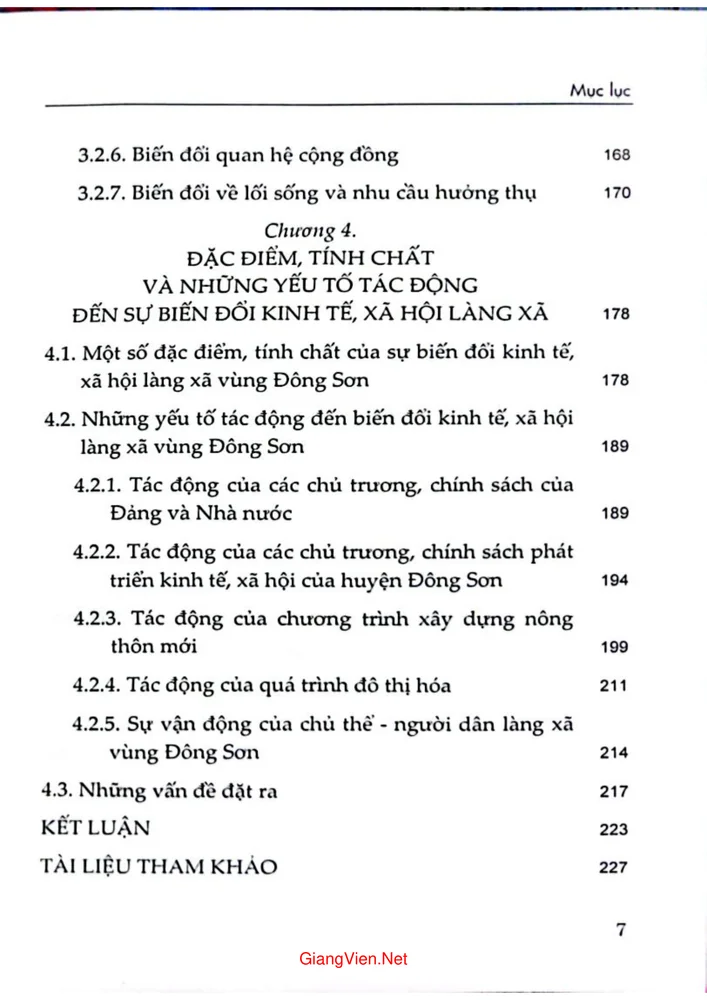 Mục lục chi tiết trang 2 sách Biến đổi kinh tế xã hội làng xã thời kỳ Công nghiệp hóa, hiện đại hóa. Nghiên cứu trường hợp vùng Đông Sơn, tỉnh Thanh Hóa