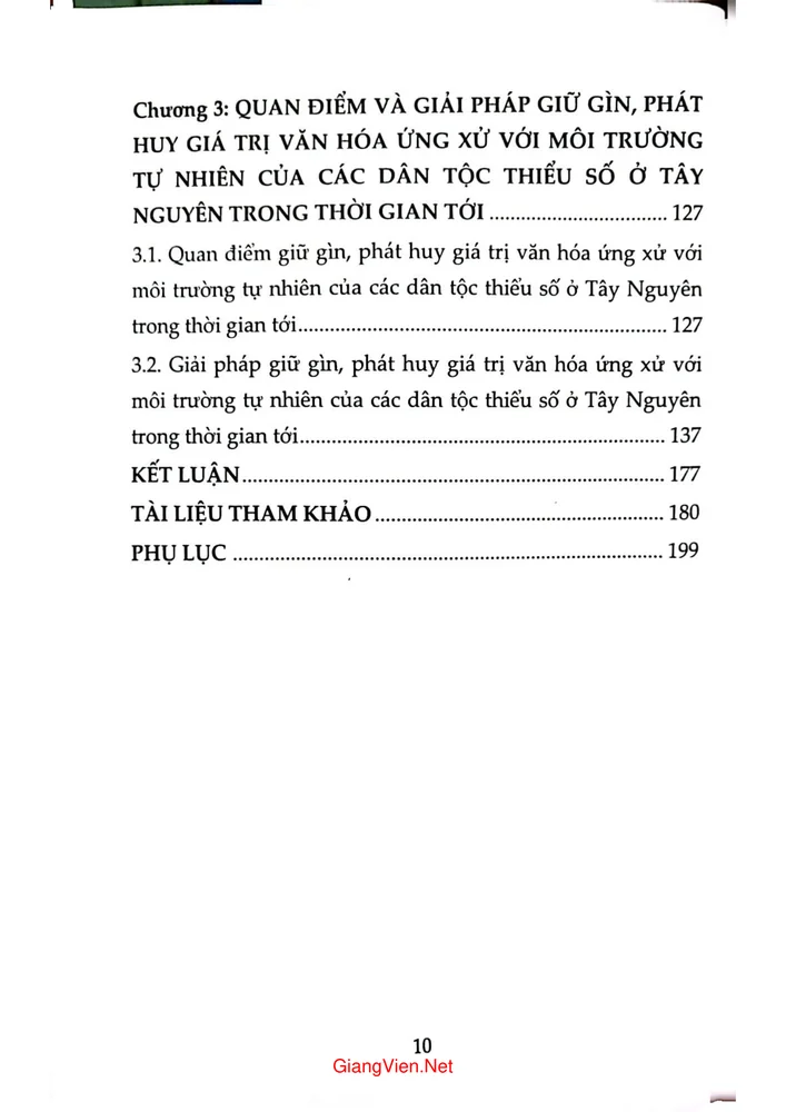 Mục lục chi tiết trang 1 sách Giữ gìn, phát huy phát triển văn hóa ứng xử với môi trường tự nhiên của các dân tộc thiểu số ở Tây Nguyên trong bối cảnh hiện nay