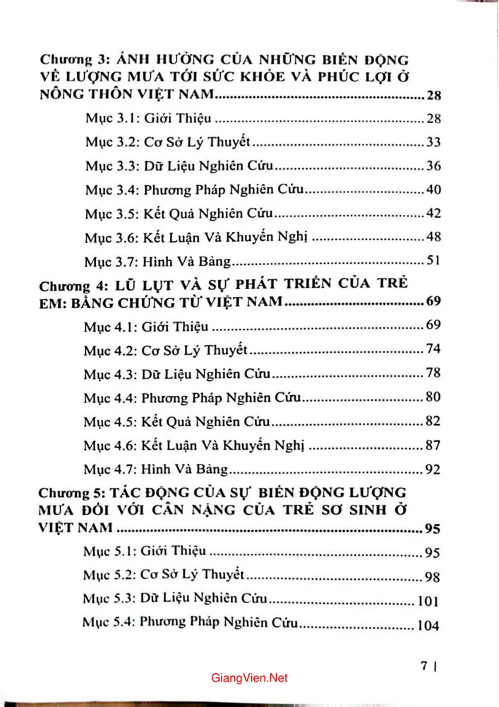 Mục lục chi tiết trang 1 sách Biến động lượng mưa và phát triển con người