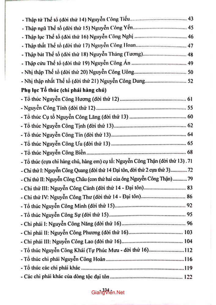 Mục lục chi tiết trang 1 sách Lịch sử dòng họ Nguyễn Công - Cội nguồn và phát triển