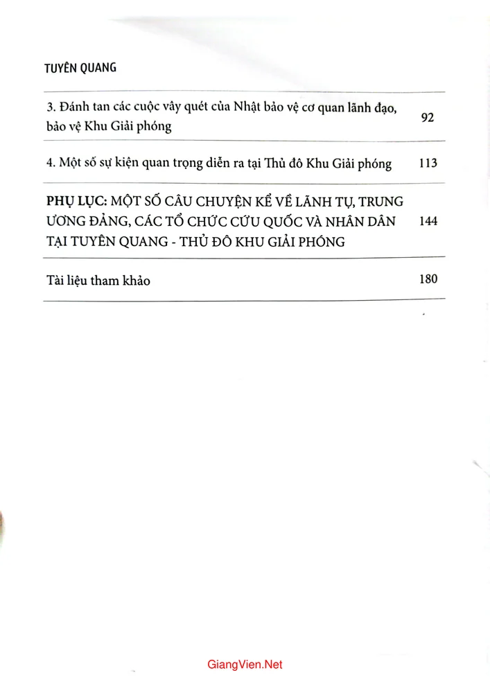 Mục lục chi tiết trang 1 sách Tuyên Quang thủ đô giải phóng