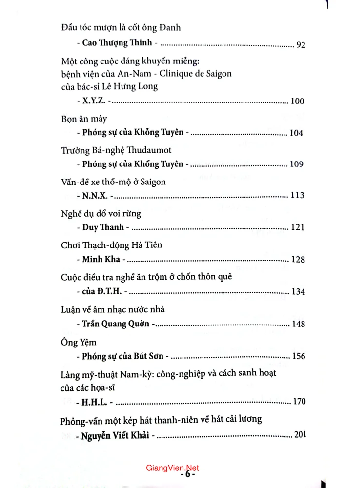 Mục lục chi tiết trang 1 sách Nam Kỳ qua Tân văn 1934 đến 1936