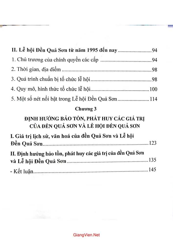 Mục lục chi tiết trang 1 sách Quá trình phục dựng đền Quả Sơn và lễ hội đền Quả Sơn