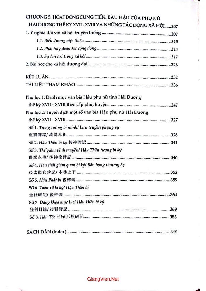 Mục lục chi tiết trang 2 sách Hoạt động cung tiến và bầu hậu của phụ nữ Hải Dương qua bia hậu thế kỷ XVII và XVIII
