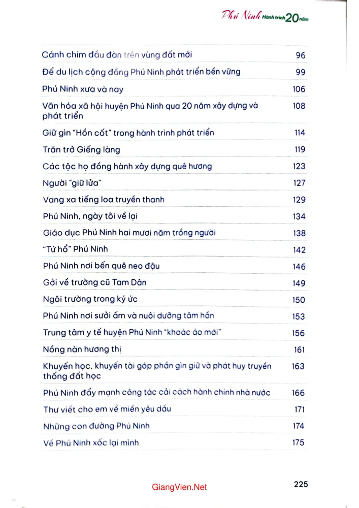 Mục lục chi tiết trang 1 sách Phú Ninh hành trình 20 năm