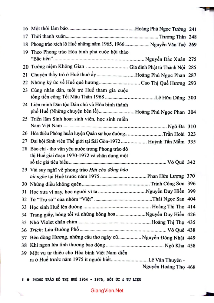 Mục lục chi tiết trang 1 sách Phong trào đô thị Huế từ 1945 đến 1975