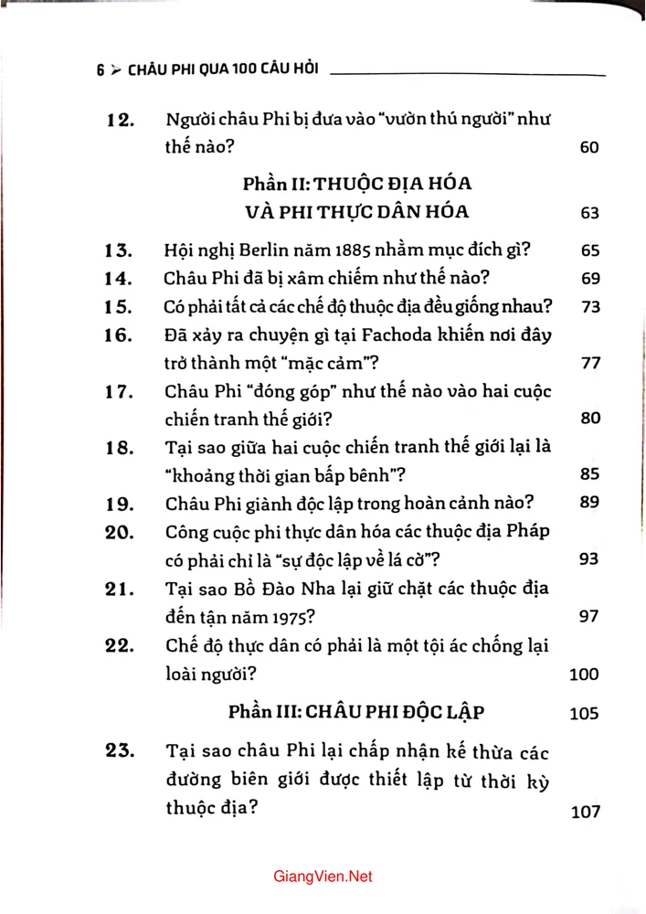Mục lục chi tiết trang 1 sách Châu Phi qua 100 câu hỏi