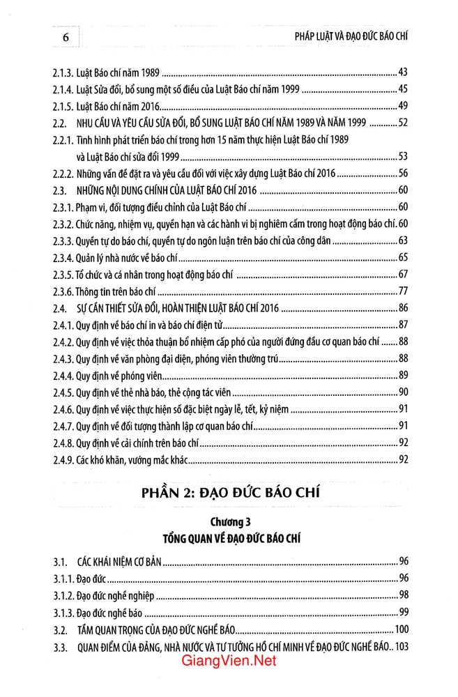 Mục lục chi tiết trang 1 sách Pháp luật và đạo đức báo chí
