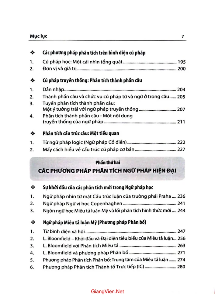 Mục lục chi tiết trang 2 sách Các phương pháp phân tích ngữ pháp góc nhìn vào ngôn ngữ biến tố và đơn lập