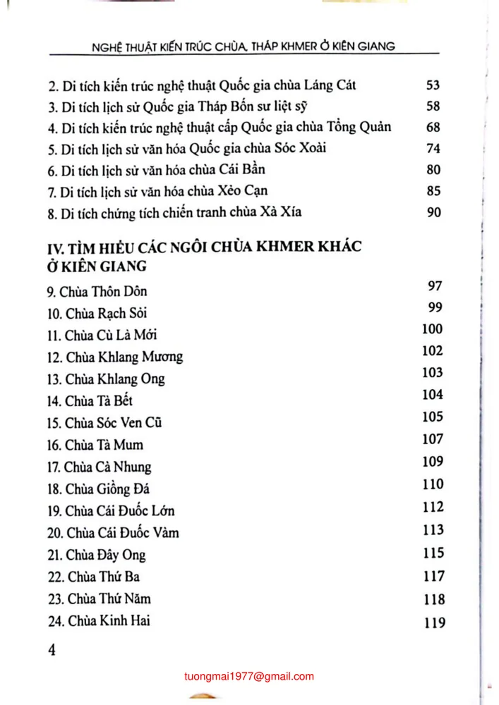 Mục lục chi tiết trang 1 sách Nghệ thuật kiến trúc chùa tháp Khmer ở Kiên Giang