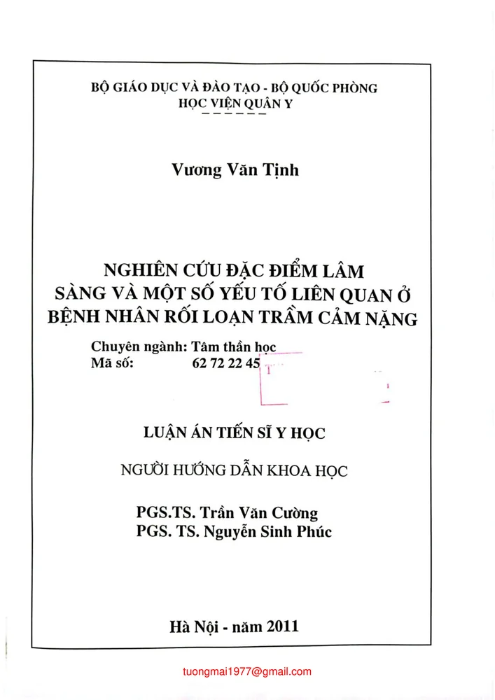 Ảnh bìa của Nghiên cứu đặc điểm lâm sàng và một số yếu tố liên quan ở bệnh nhân rối loạn trầm cảm nặng