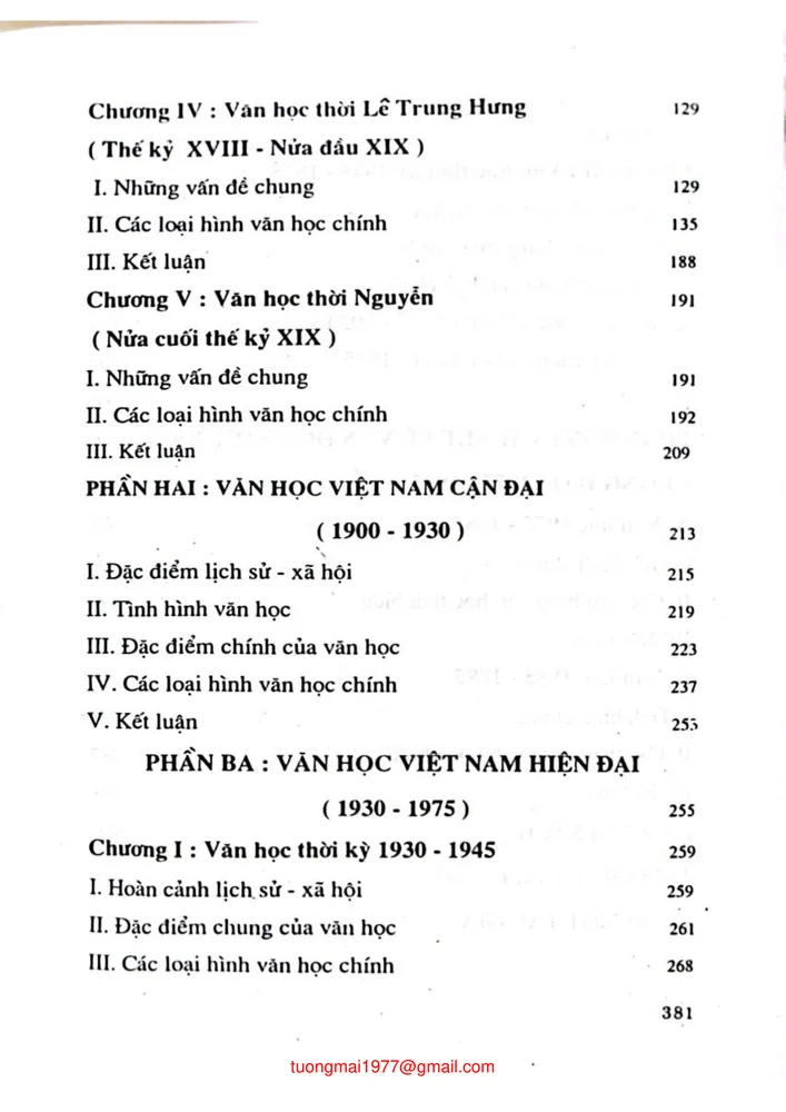 Mục lục chi tiết trang 1 sách Văn học Việt Nam từ thế kỷ X đến thế kỷ XX
