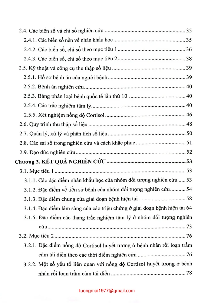 Mục lục chi tiết trang 1 sách Nghiên cứu đặc điểm lâm sàng và nồng độ cồn thì Cortisol huyết tương ở bệnh nhân rối loạn trầm cảm tái diễn