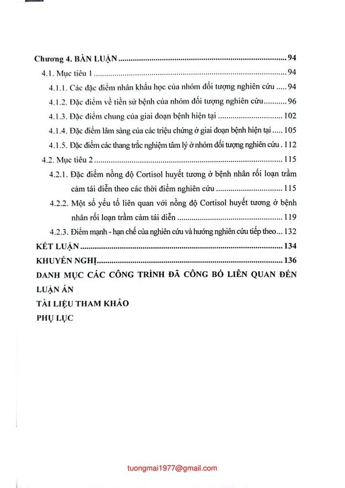 Mục lục chi tiết trang 2 sách Nghiên cứu đặc điểm lâm sàng và nồng độ cồn thì Cortisol huyết tương ở bệnh nhân rối loạn trầm cảm tái diễn