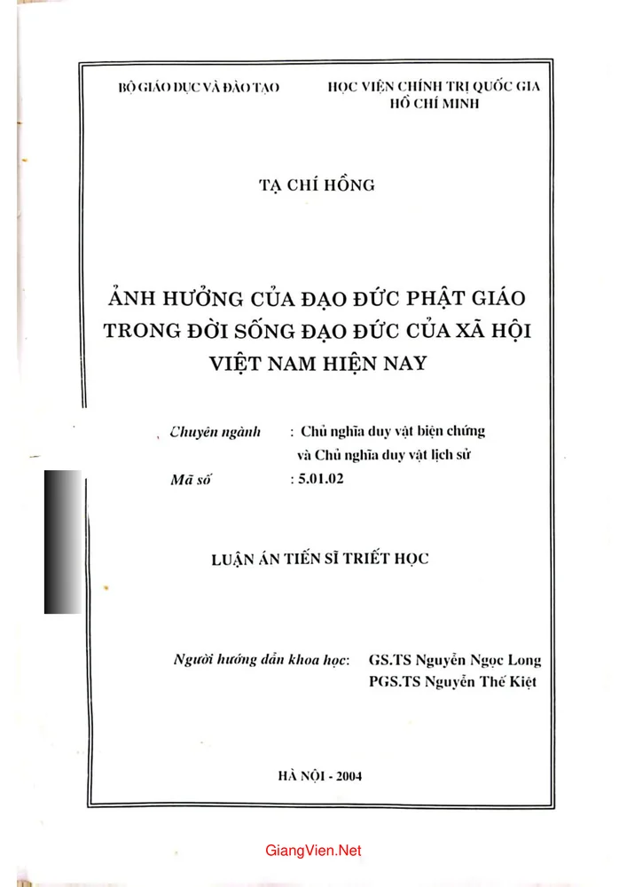 Ảnh hưởng của đạo đức phật giáo trong đời sống đạo đức của xã hội Việt Nam hiện nay - Luận án tiến sĩ triết học 2004