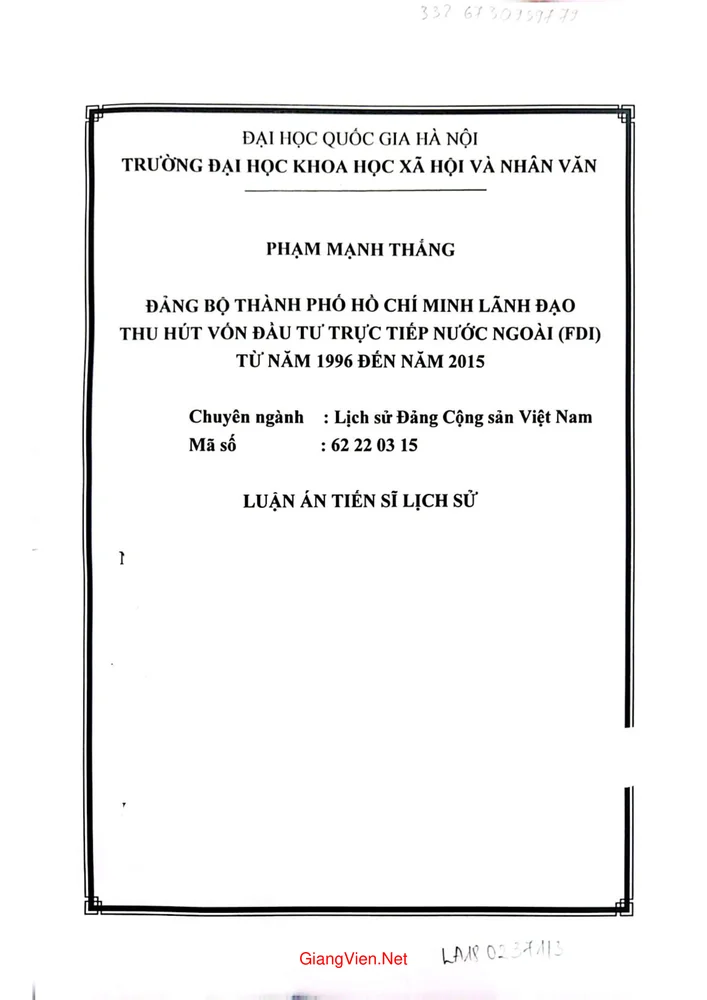 Đảng bộ thành phố Hồ Chí Minh lãnh đạo thu hút vốn đầu tư nước ngoài (FDI) từ năm 1996 đến 2015