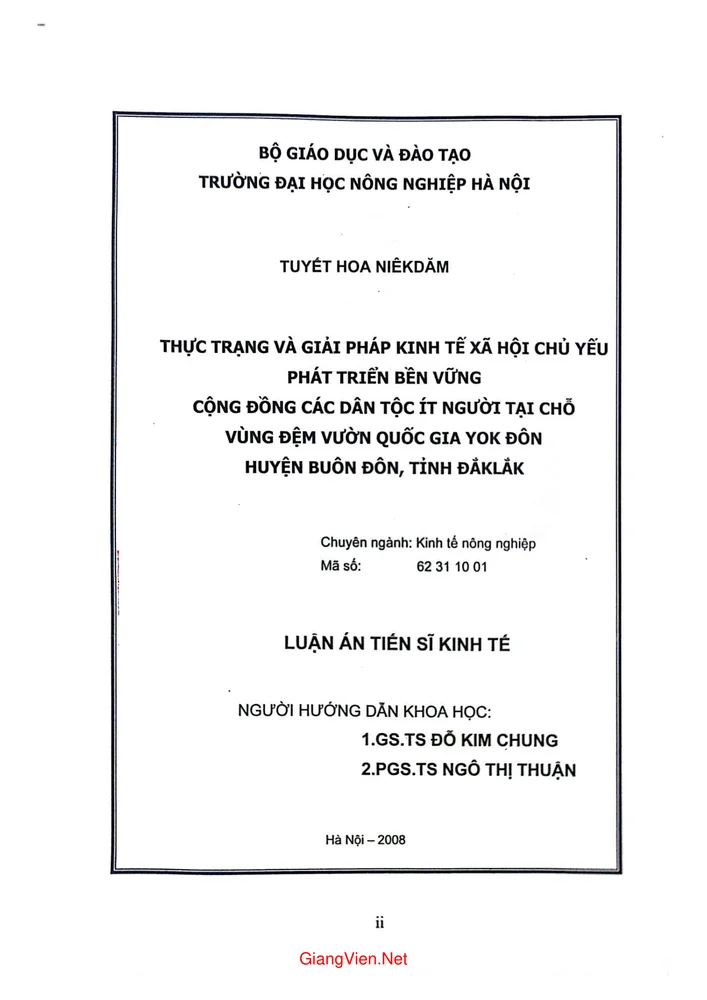 Thực trạng và giải pháp kinh tế xã hội chủ yếu phát triển bền vững cộng đồng các dân tộc ít người tại chỗ vùng đệm Vườn quốc gia