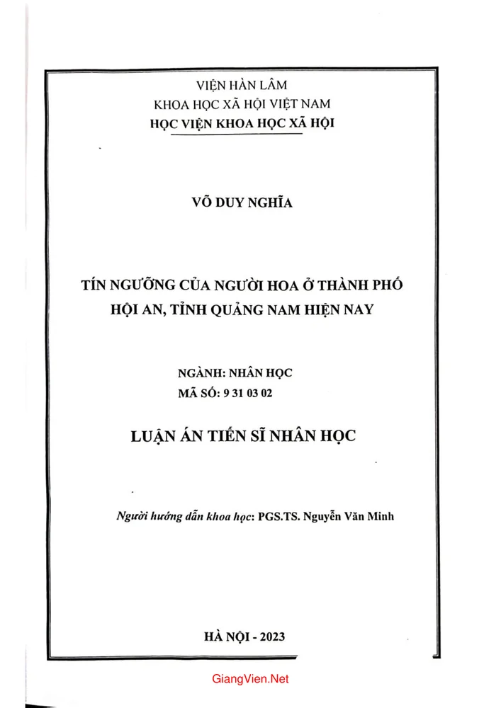 Tín ngưỡng của người Hoa ở thành phố Hội An, tỉnh Quảng Nam hiện nay