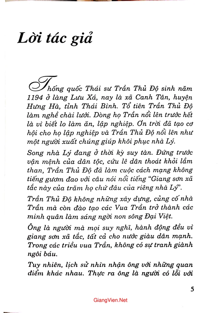 Trang 1 - Ảnh minh họa nội dung sách Thống quốc Thái sư Trần Thủ Độ