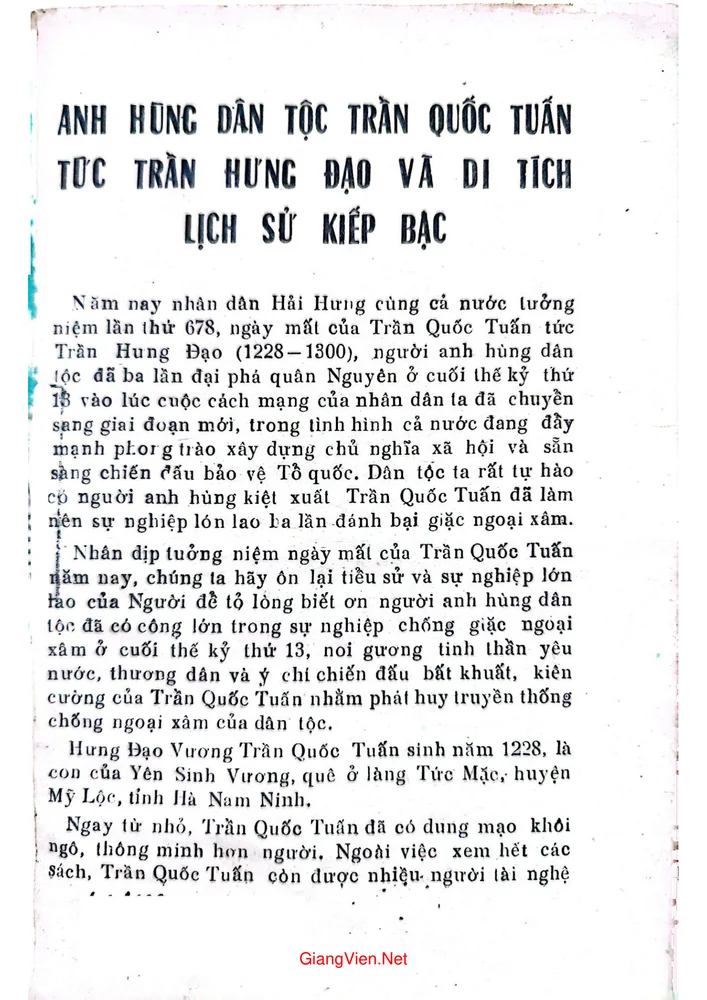 Trang 1 - Ảnh minh họa nội dung sách Anh hùng dân tộc Trần Quốc Tuấn tức Trần Hưng Đạo và Di tích lịch sử Kiếp Bạc