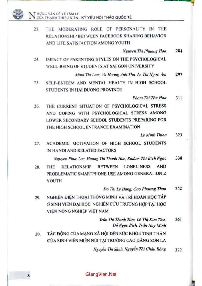 Trang 4 - Ảnh minh họa nội dung sách Kỷ yếu Hội thảo quốc tế Những vấn đề tâm lý của thanh thiếu niên trong bối cảnh hiện nay