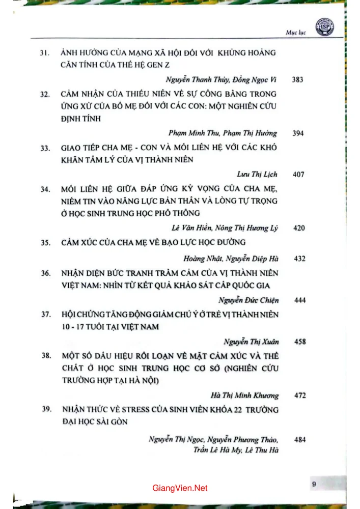 Trang 5 - Ảnh minh họa nội dung sách Kỷ yếu Hội thảo quốc tế Những vấn đề tâm lý của thanh thiếu niên trong bối cảnh hiện nay