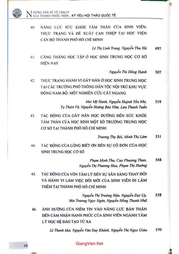 Trang 6 - Ảnh minh họa nội dung sách Kỷ yếu Hội thảo quốc tế Những vấn đề tâm lý của thanh thiếu niên trong bối cảnh hiện nay