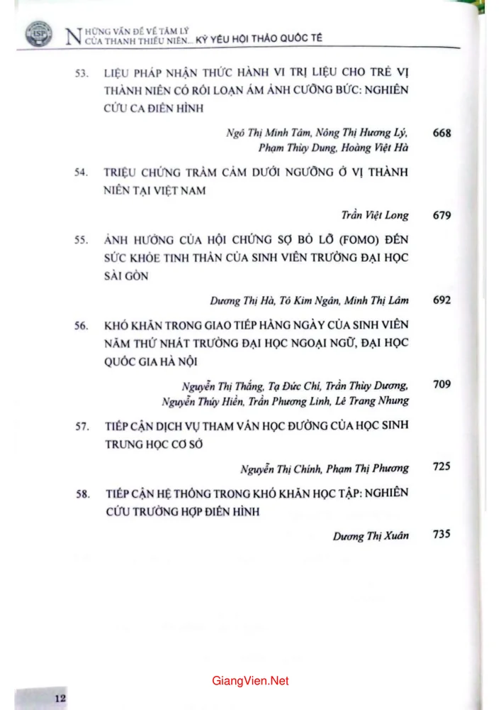 Trang 8 - Ảnh minh họa nội dung sách Kỷ yếu Hội thảo quốc tế Những vấn đề tâm lý của thanh thiếu niên trong bối cảnh hiện nay