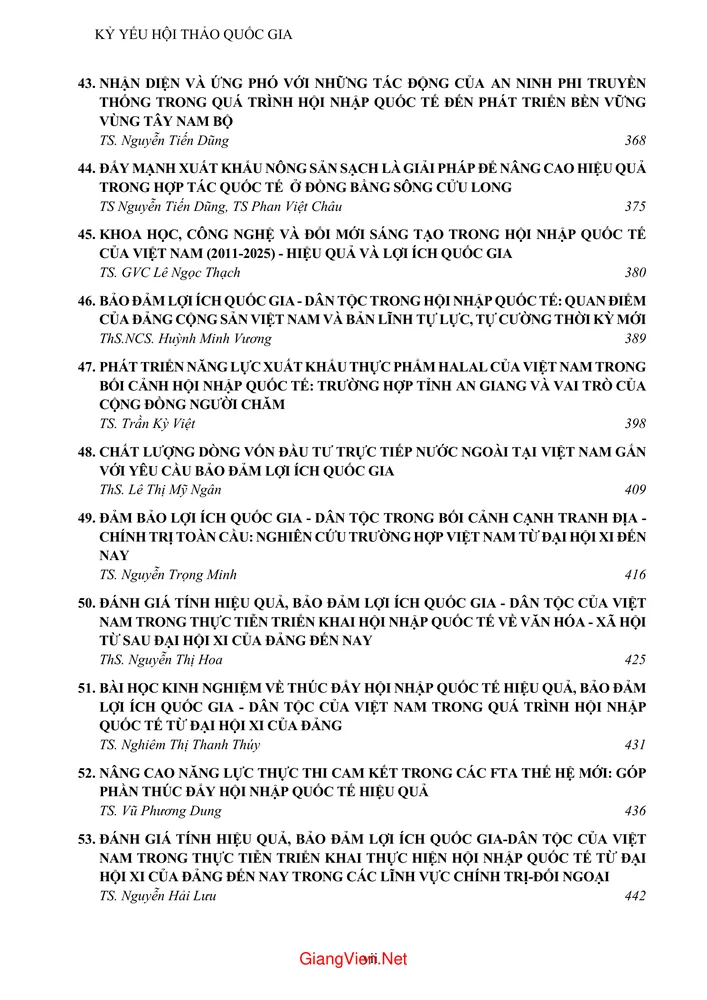 Trang 5 - Ảnh minh họa nội dung sách Kỷ yếu hội thảo khoa học Quốc gia Tổng kết, đánh giá tính hiệu quả, bảo đảm lợi ích quốc gia, dân tộc của Việt Nam trong quá trình hội nhập quốc tế từ Đại hội 11 đến nay
