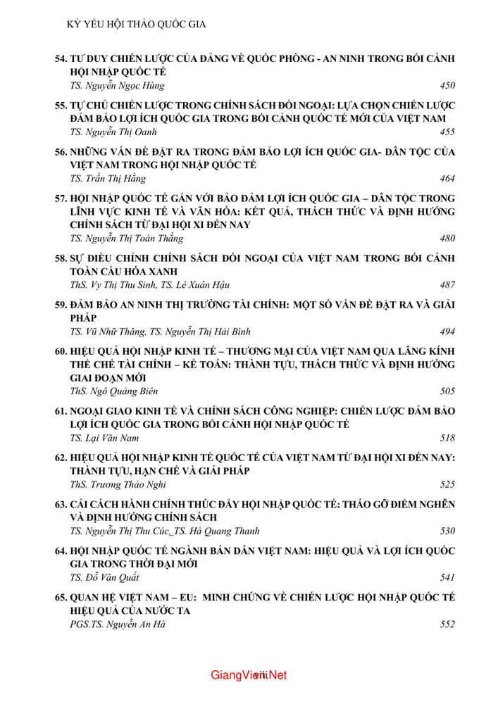 Trang 6 - Ảnh minh họa nội dung sách Kỷ yếu hội thảo khoa học Quốc gia Tổng kết, đánh giá tính hiệu quả, bảo đảm lợi ích quốc gia, dân tộc của Việt Nam trong quá trình hội nhập quốc tế từ Đại hội 11 đến nay