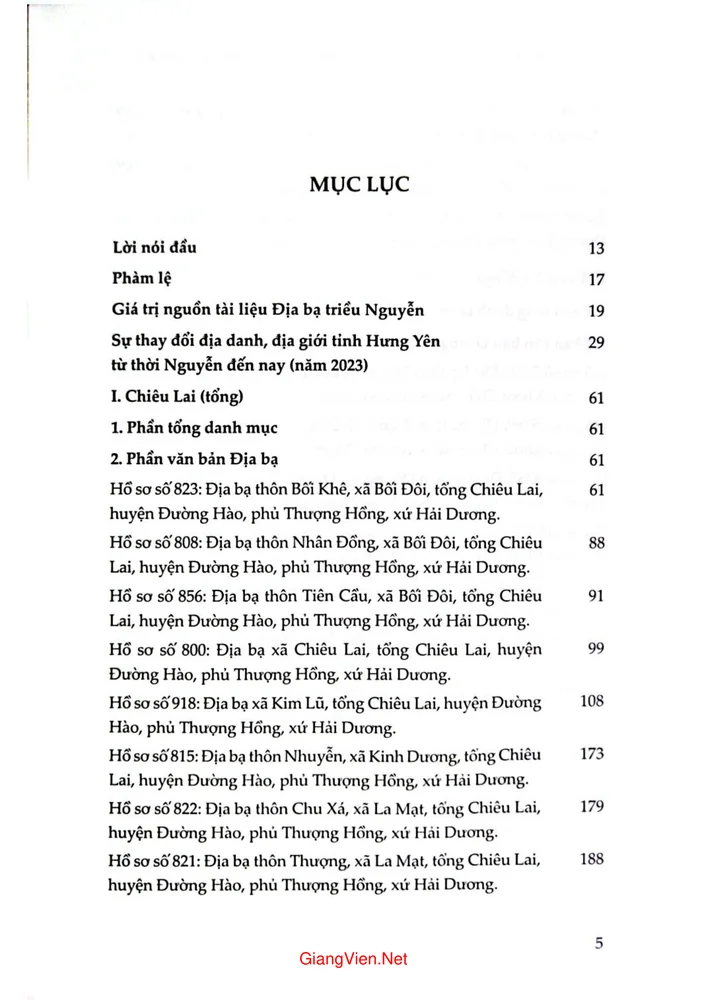 Trang 1 - Ảnh minh họa nội dung sách Địa danh làng xã tỉnh Hưng Yên qua tài liệu địa bạ triều Nguyễn tập 1