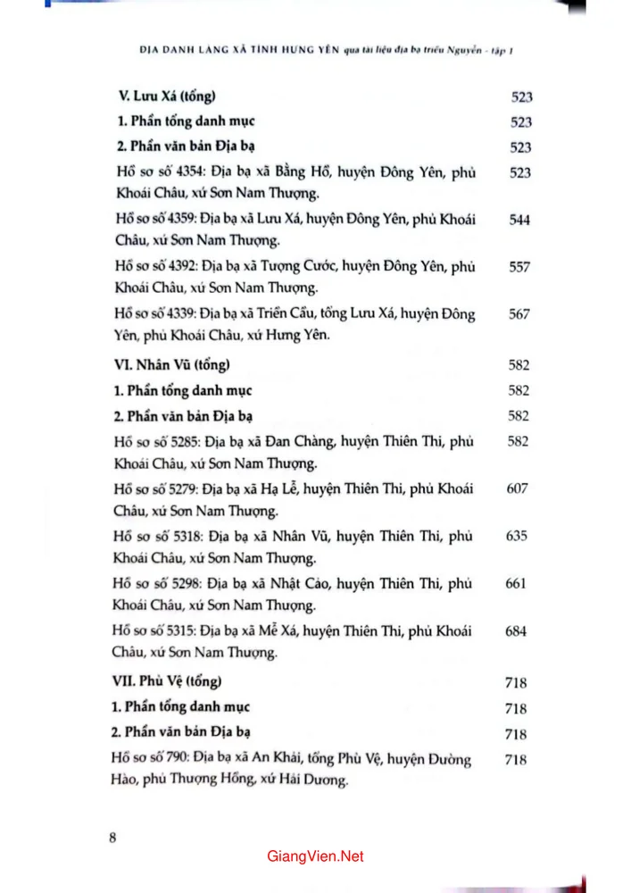 Trang 4 - Ảnh minh họa nội dung sách Địa danh làng xã tỉnh Hưng Yên qua tài liệu địa bạ triều Nguyễn tập 1