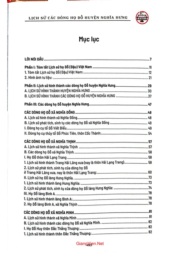 Trang 1 - Ảnh minh họa nội dung sách Lịch sử các dòng họ Đỗ huyện Nghĩa Hưng